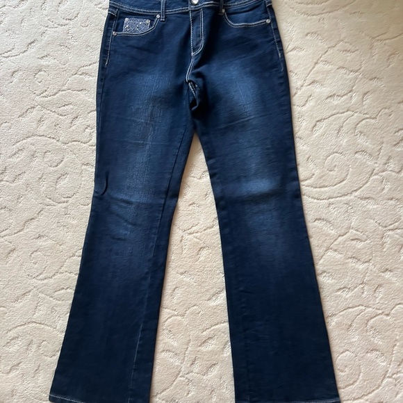 one 5 one Women's Boot Cut Jeans - Dark Blue gem stone decorations on pockets - Picture 2 of 10